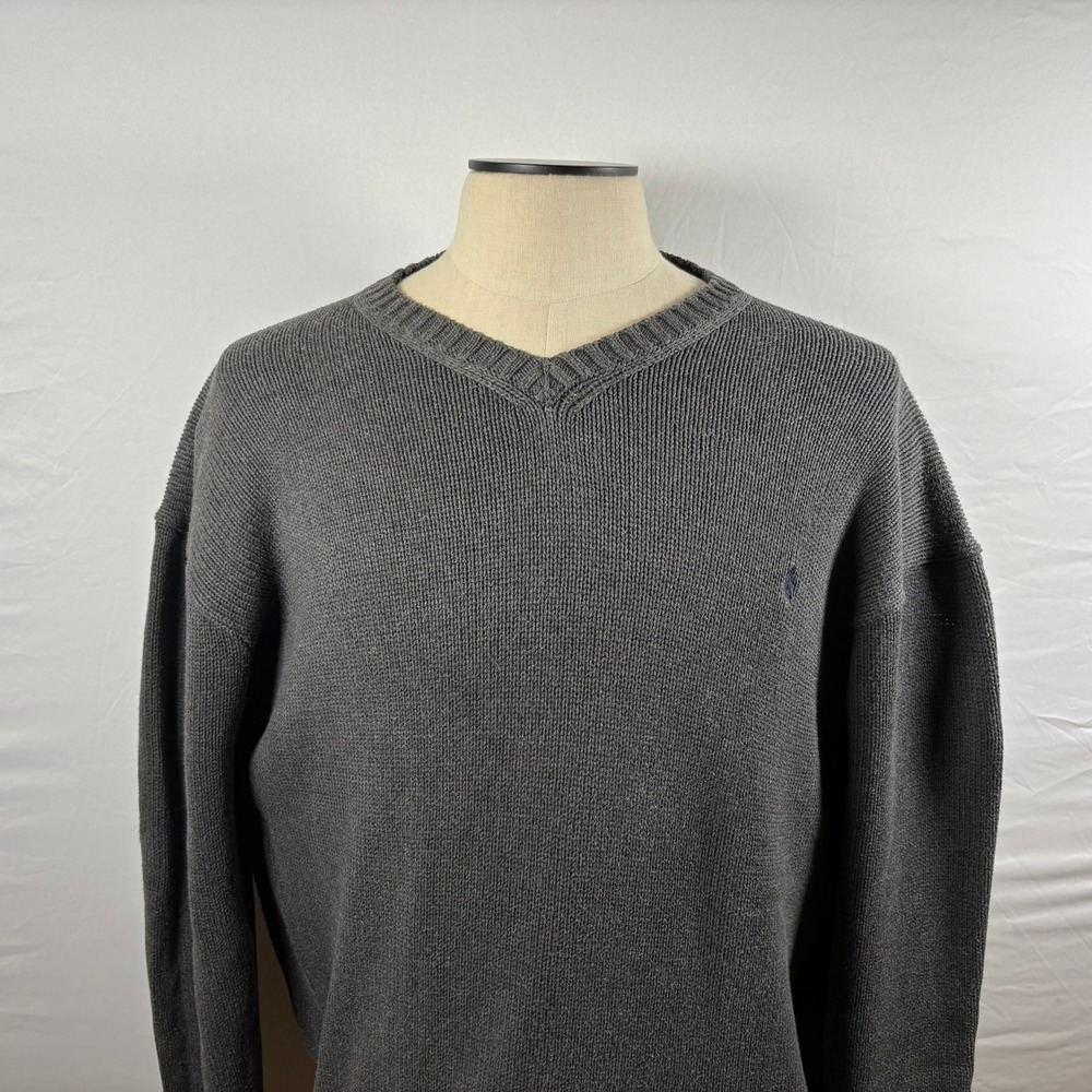 Polo by Ralph Lauren Vintage Mens XL V-Neck Cotton Sweater Charcoal Gray Pony
